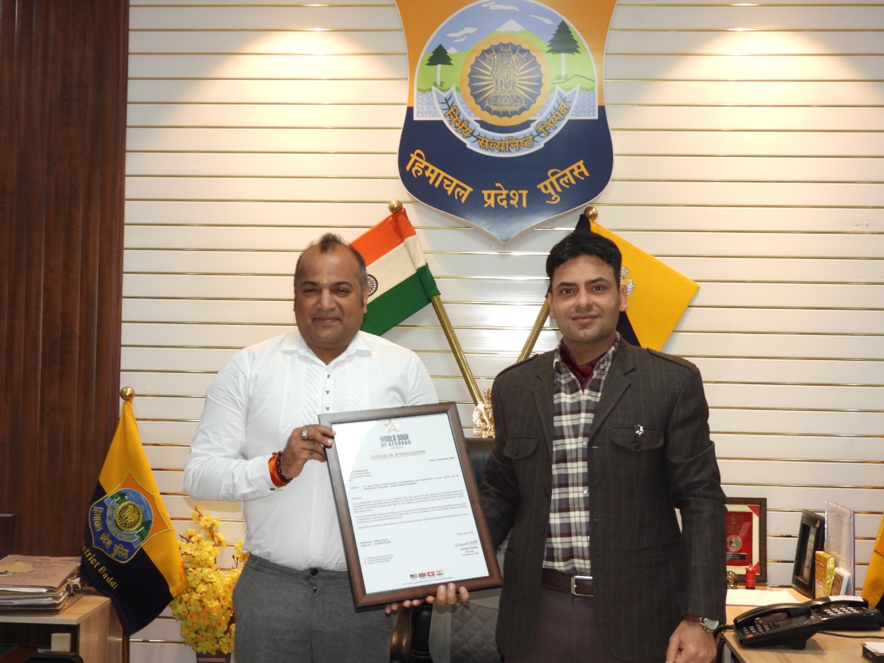 World Book of Records London appreciated the work of Baddi Police by giving appreciation letter