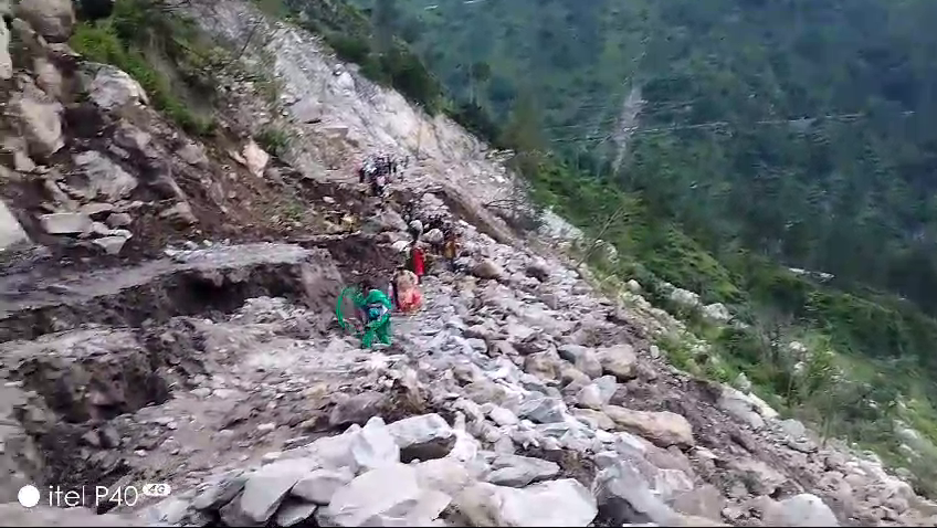 Road blocked due to subsidence of National Highway-5 in Nigulsari, Kinnaur.