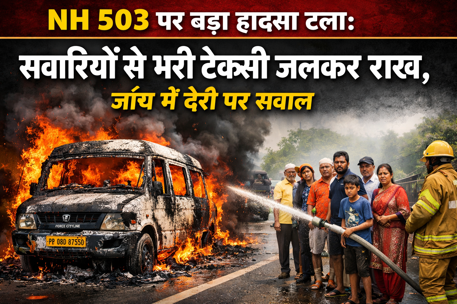 NH 503 पर बड़ा हादसा टला: सवारियों से भरी टैक्सी जलकर राख, जांच में देरी पर सवाल